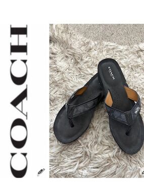 Coach Black LogoLeather Thong Sandals